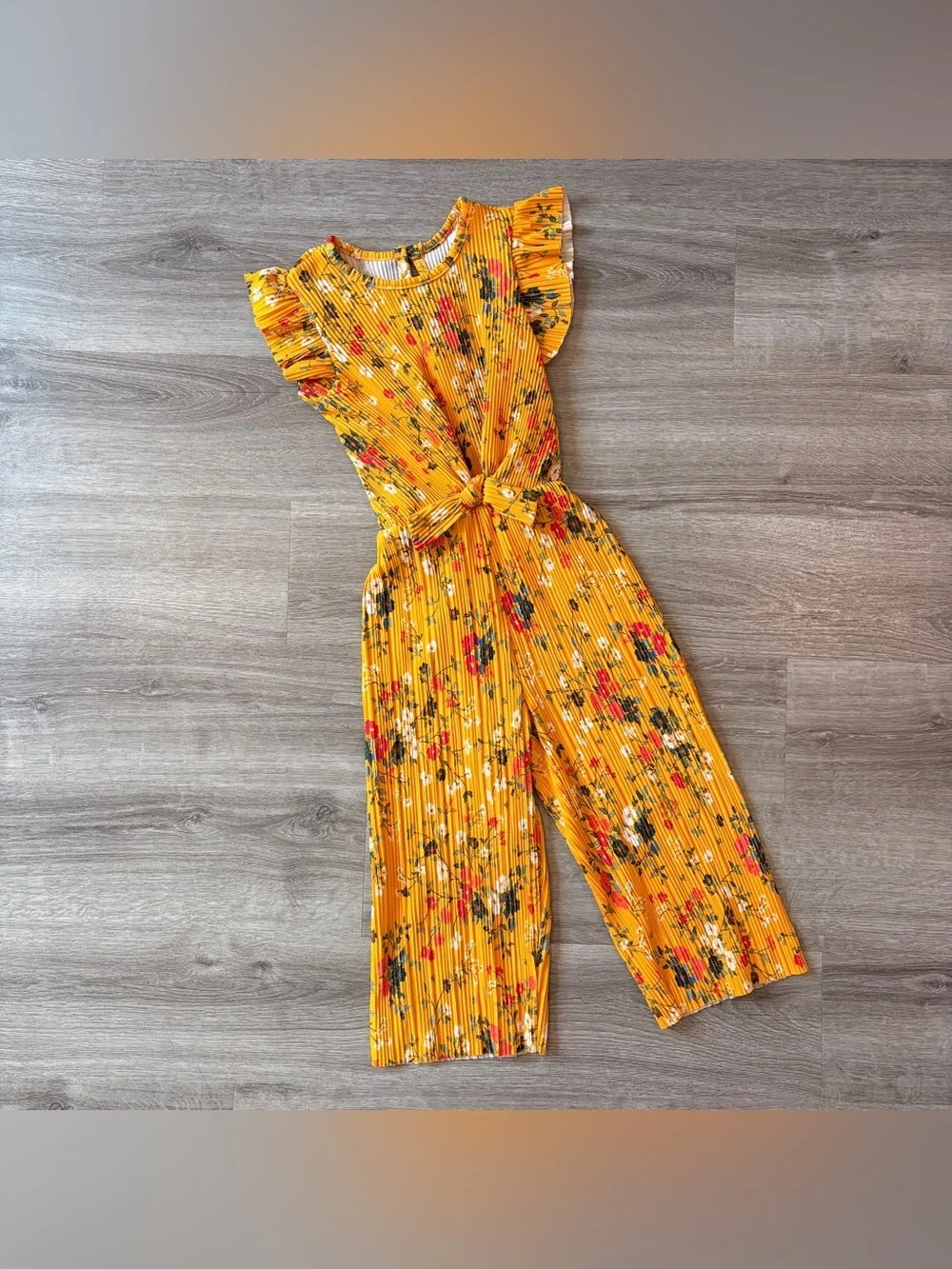 Little girls golden yellow floral print ribbed jumpsuit